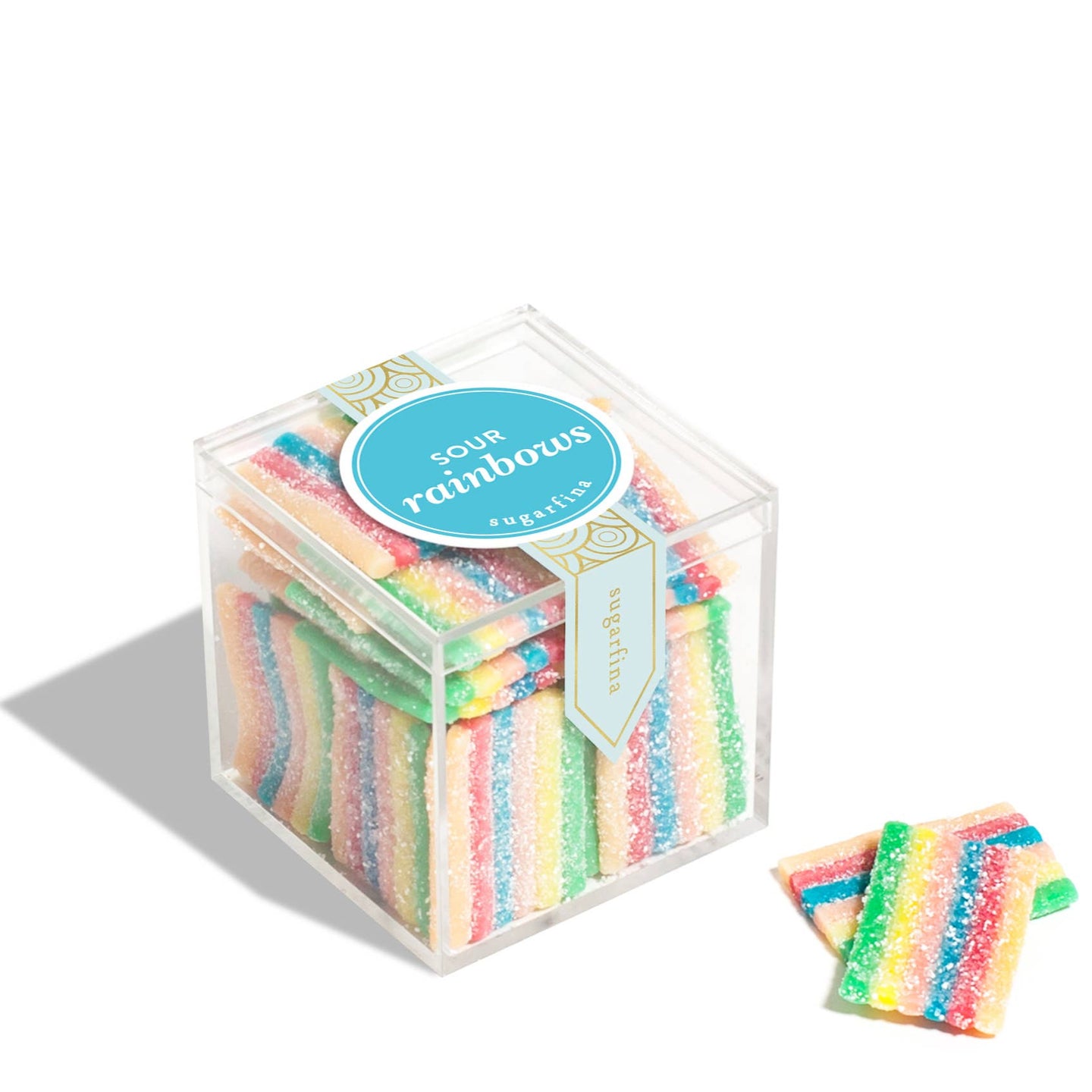 Cube of colorful candy with a 'Sour Rainbows' label on a white background