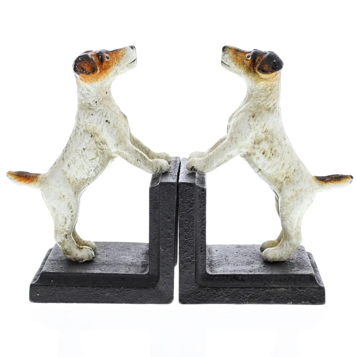 A pair of decorative dog bookends featuring realistic dog figurines standing on their hind legs and holding hands over a dark rectangular base, photographed on a white background.
