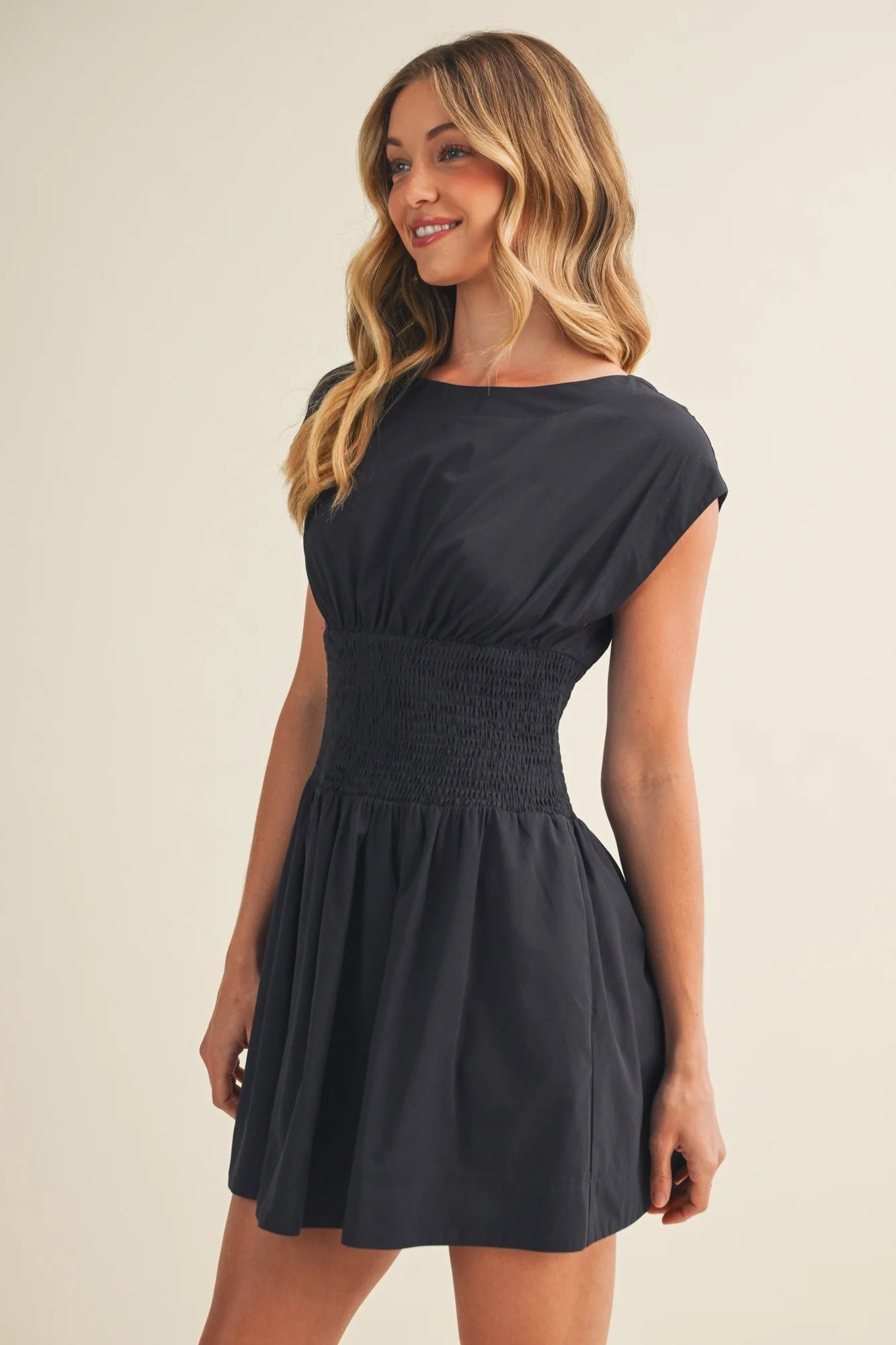 Scoop Neck Smocking Waist Dress in Navy