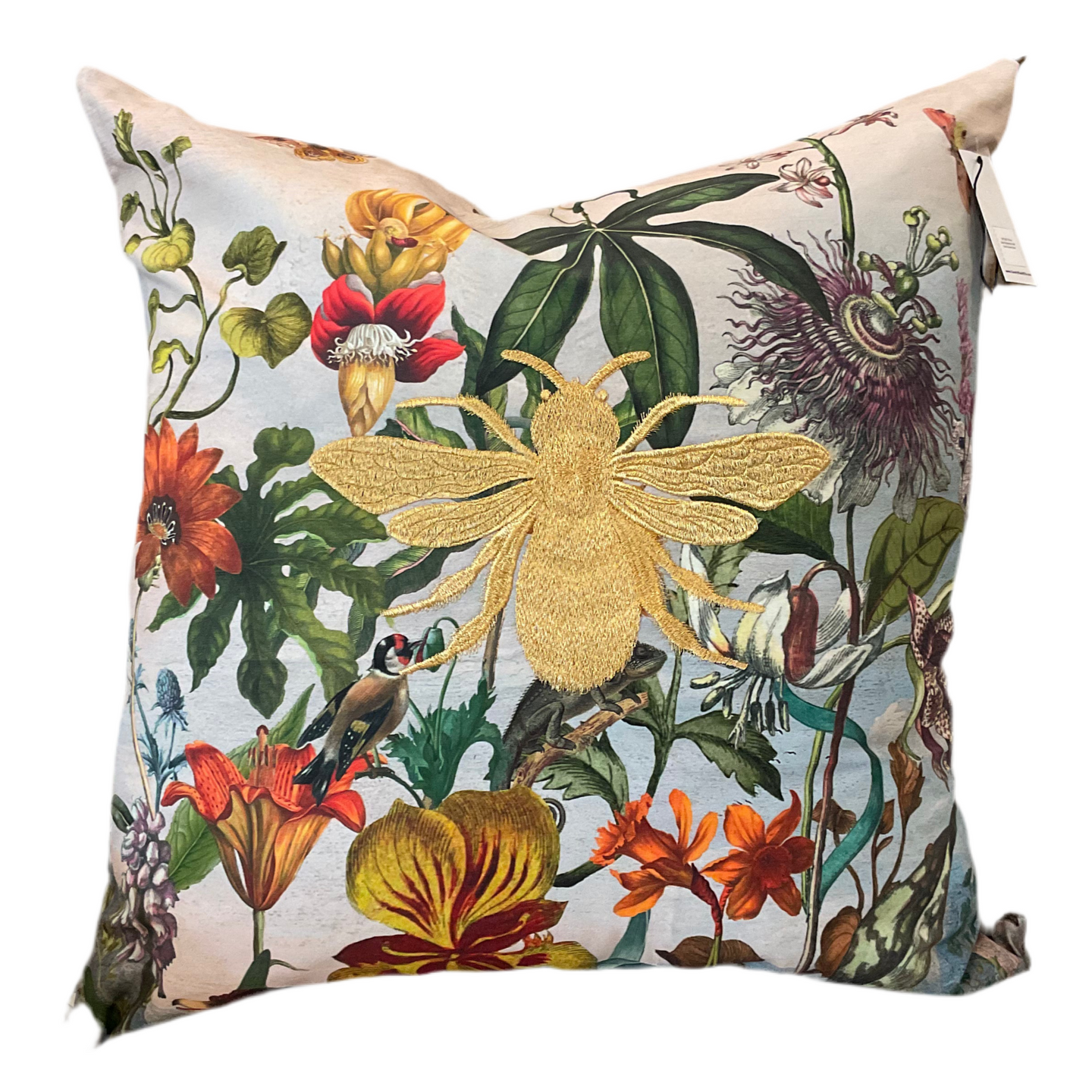 Gold Bee Embroidered Floral Pillow