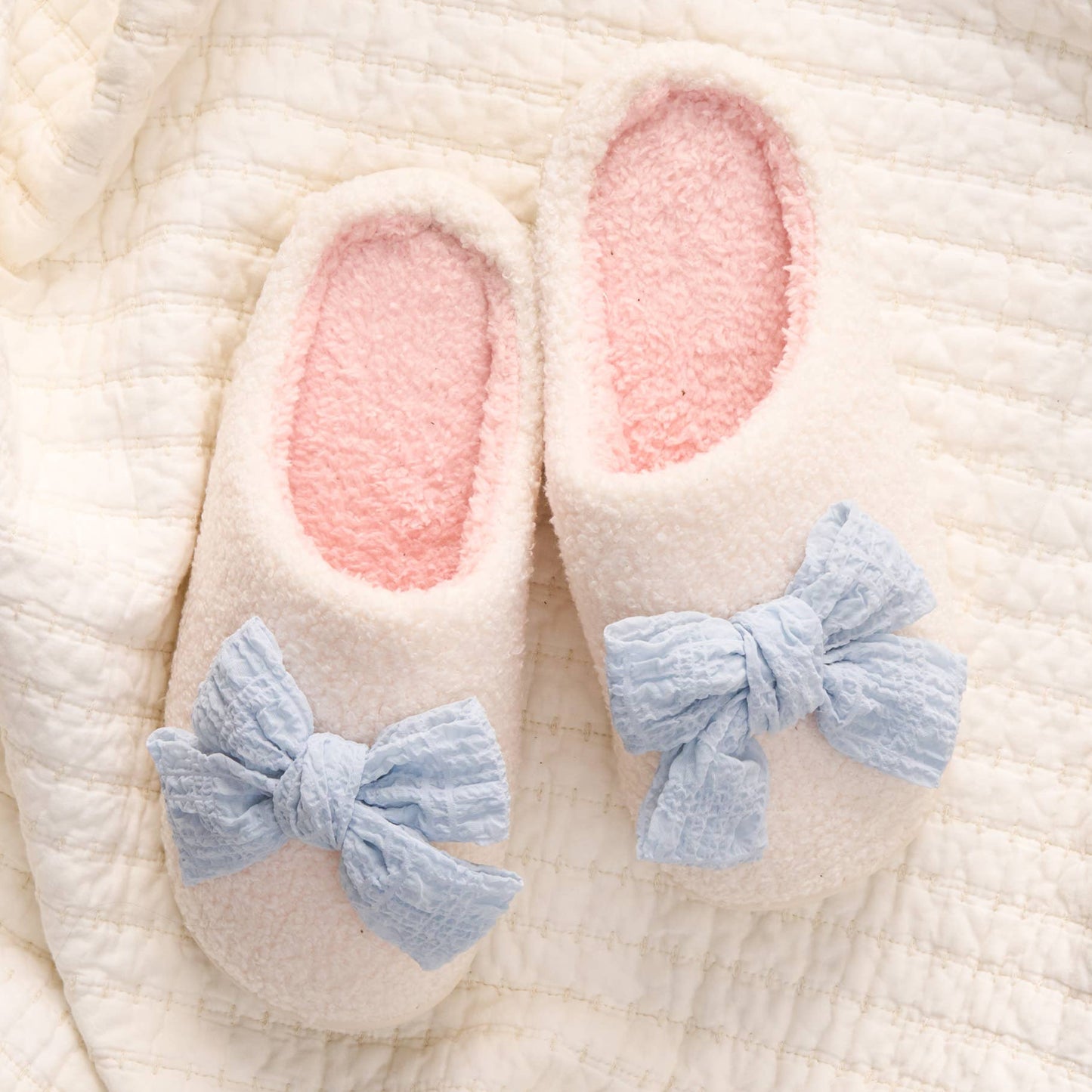 Blue Bow Fuzzy Slippers