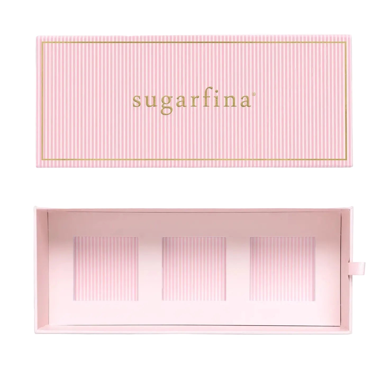 A pink striped Sugarfina box shown open, with the lid above and the interior tray below on a white background.