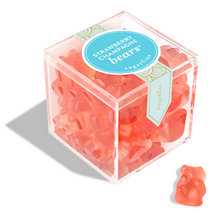 Load image into Gallery viewer, Box of strawberry gummy bears with a single bear on a white background

