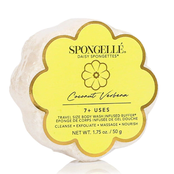 Spongellé body wash bar with yellow label on a white background