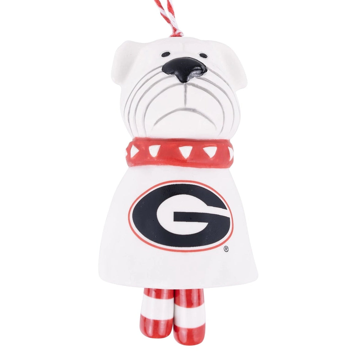 A white bulldog-shaped ornament with red and white striped legs and a red collar featuring the Georgia Bulldogs logo, hanging from a red and white striped string on a white background.