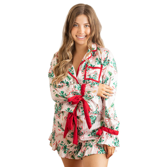 Mistletoast Satin Ruffle Short Pj Set
