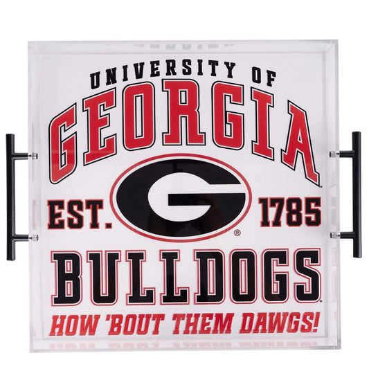 A square clear acrylic sign featuring University of Georgia Bulldogs graphics, including the large red and black Georgia logo and the slogan 'HOW 'BOUT THEM DAWGS!', shown on a white background with black side handles.