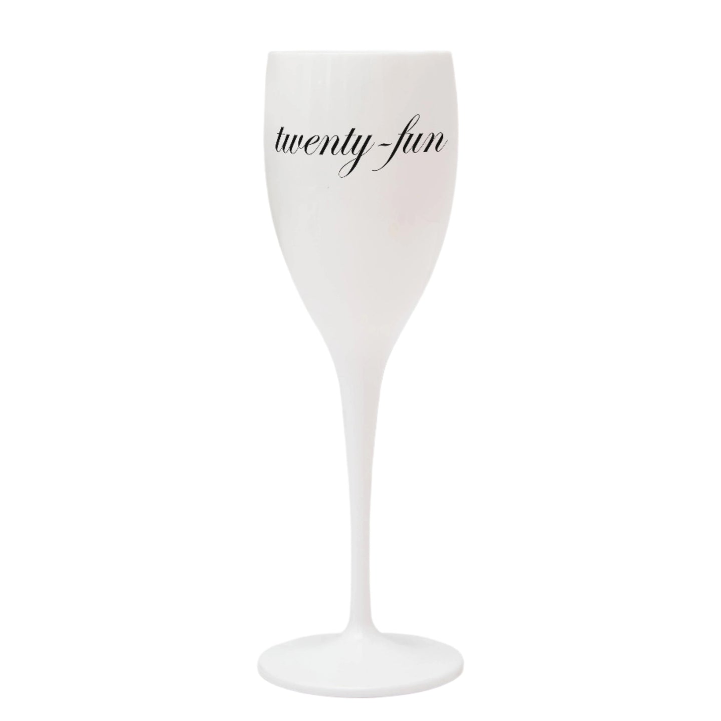 White wine glass with 'twenty fun' text on a white background
