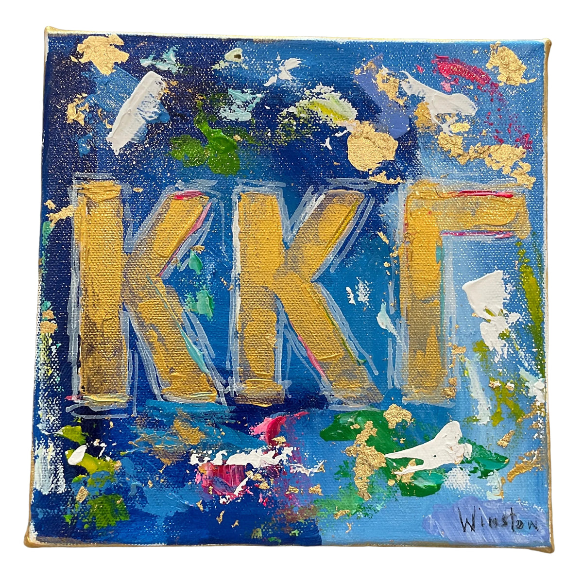 A square abstract painting featuring the Greek letters Kappa Kappa Gamma in gold, set against a textured blue background with gold leaf accents and splatters of white, green, red, and yellow paint. 