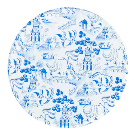 Round acrylic coaster with blue and white pattern on a white background