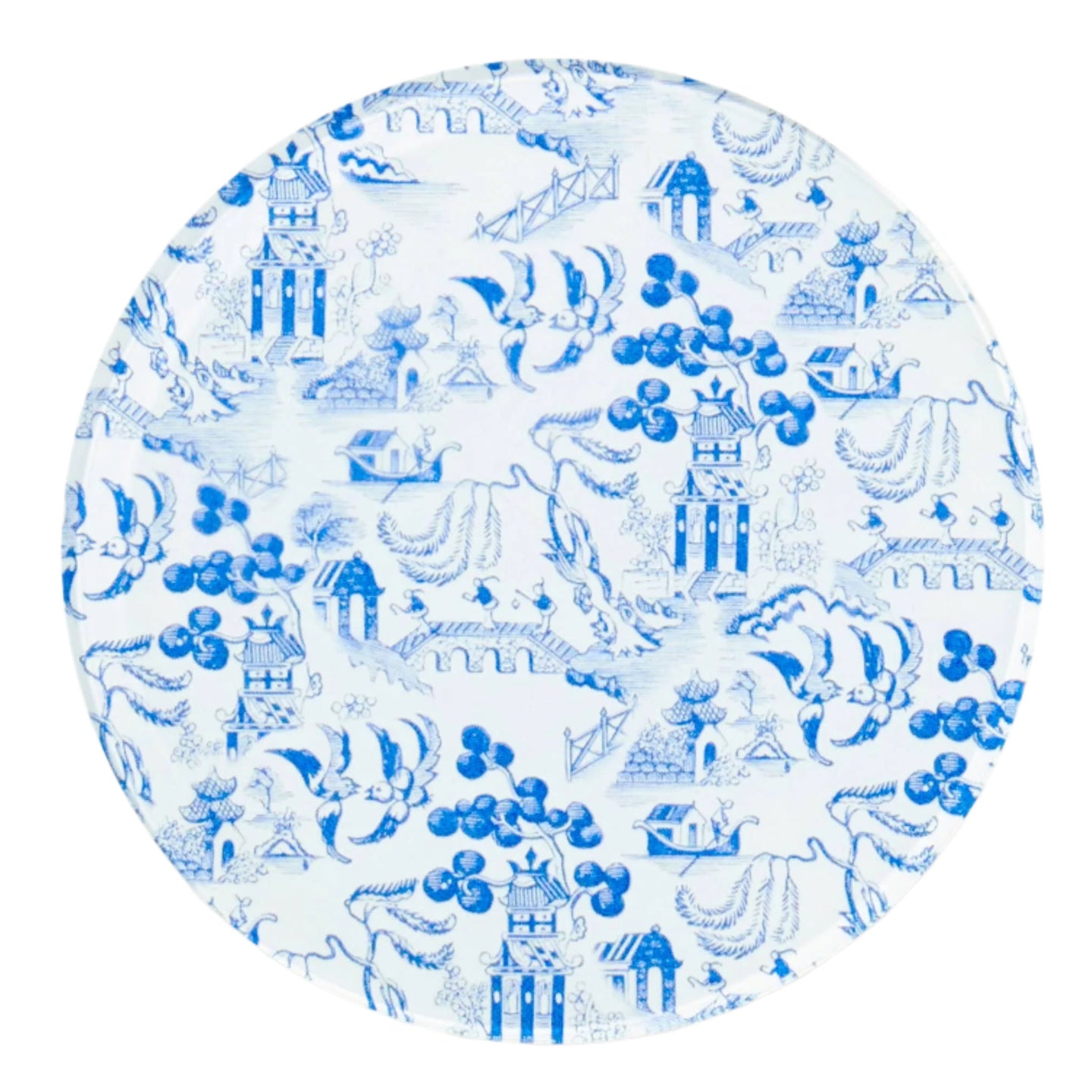 Round acrylic coaster with blue and white pattern on a white background