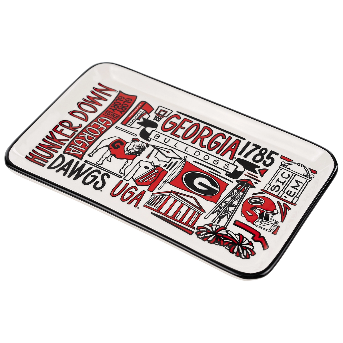 A rectangular white serving tray with rounded corners and a black rim, featuring a Georgia Bulldogs collegiate graphic print in red, black, and white. The design includes text such as 'GEORGIA 1785', 'HUNKER DOWN', 'DAWGS UGA', and 'BULLDOGS' along with team logos and illustrations.