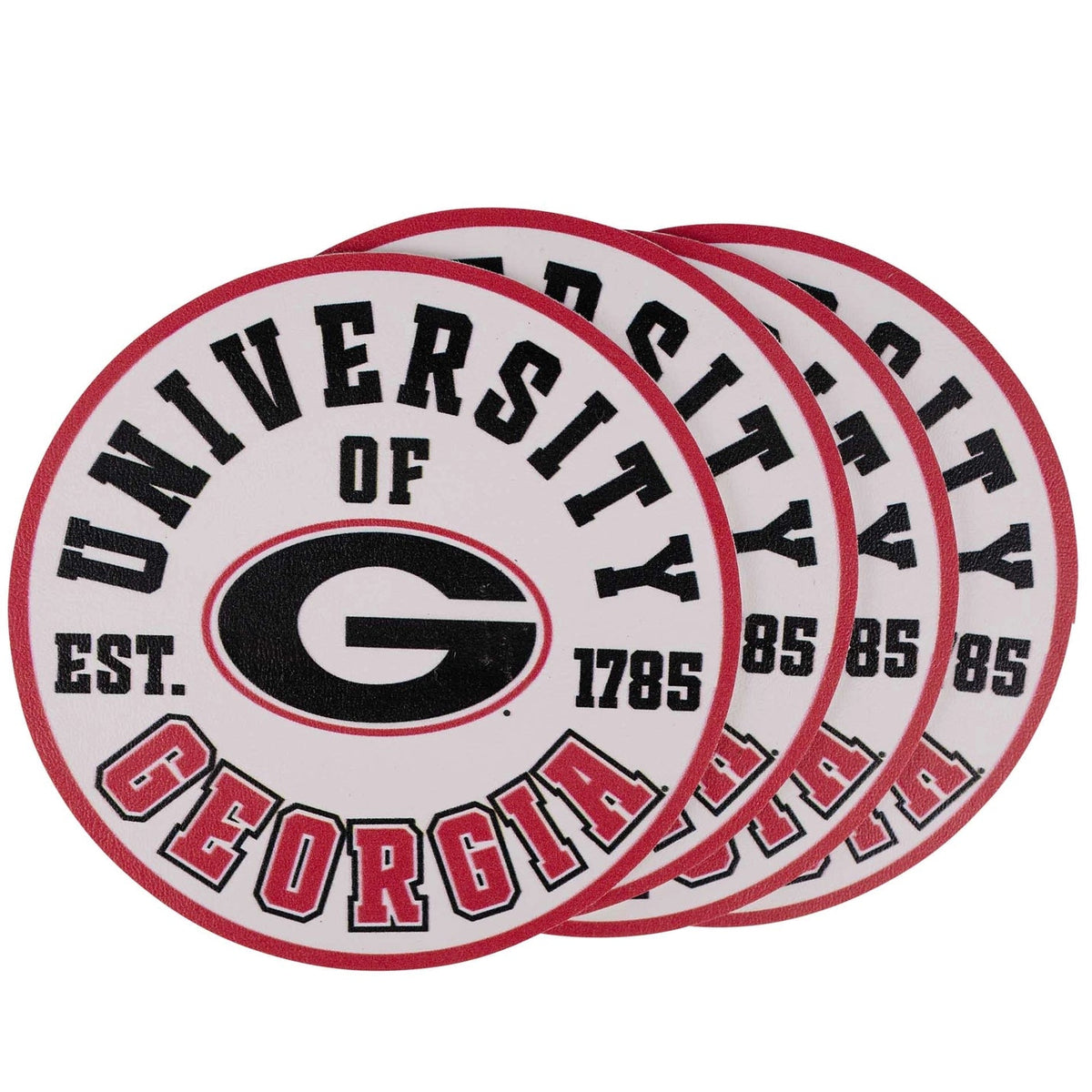 Four round coasters featuring the University of Georgia logo and text, arranged in a fan-like stack on a plain white background.