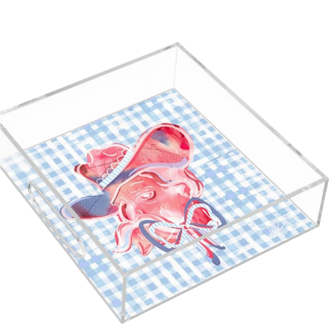 A square clear acrylic tray containing a blue and white gingham patterned insert with an Ole Miss mascot illustration, shown on a plain white background.