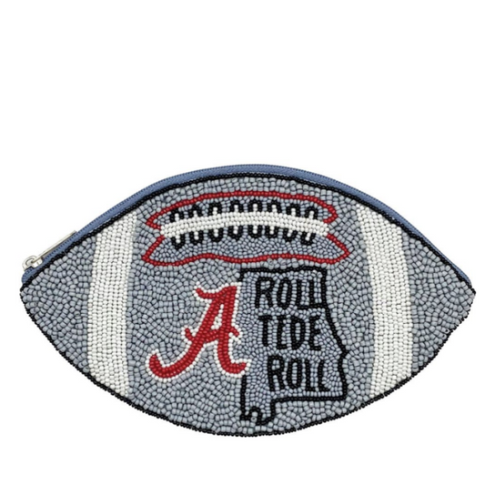 A football-shaped zipper pouch featuring the Alabama Crimson Tide logo and colors, set against a plain white background.