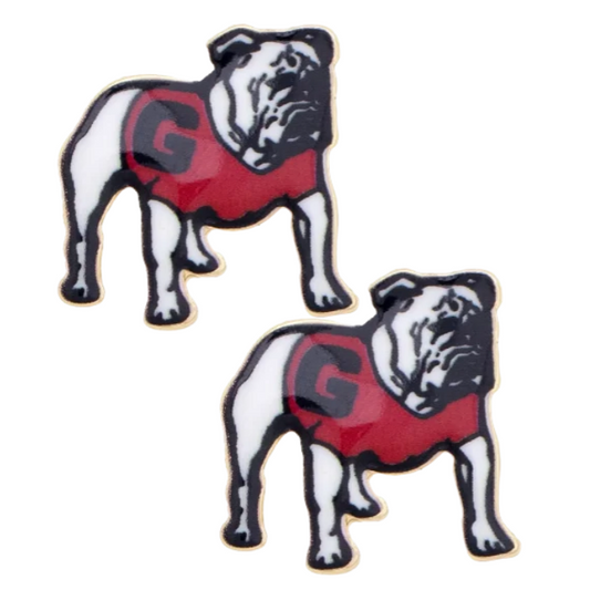 Two identical bulldog-shaped patches or decals on a plain white background. Each bulldog is white and gray with a red body and a large gray letter C on the side.