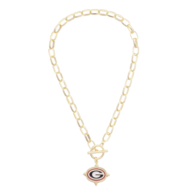 A gold paperclip chain necklace with a toggle clasp and a small diamond-shaped pendant featuring the Chicago Bears 'G' logo, displayed on a clean white background.