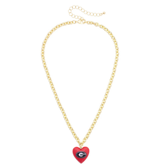 A gold chain necklace with a small red heart-shaped pendant featuring the Georgia Bulldogs logo, displayed on a clean white background.