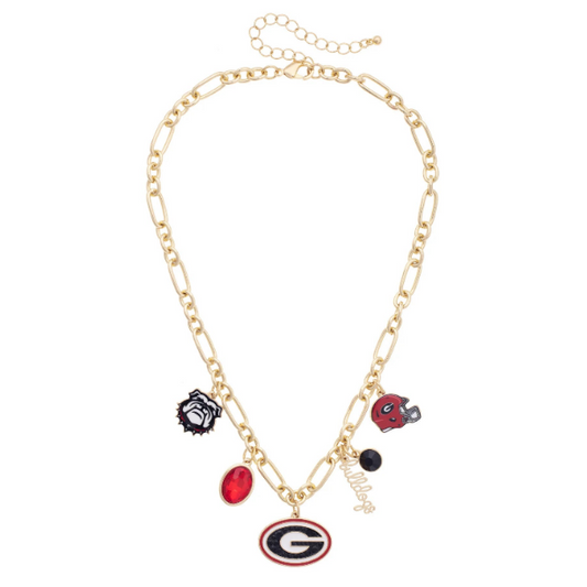 A gold chain necklace with multiple charms, including a red and navy blue Georgia Bulldogs logo charm, a black and white bear head charm, and other small team-themed pendants, displayed on a solid white background.