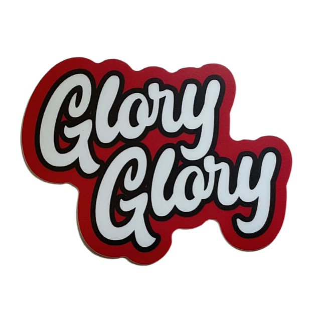 A die-cut vinyl patch featuring the words 'Glory Glory' in white cursive lettering with a red outline, set against a plain white background.