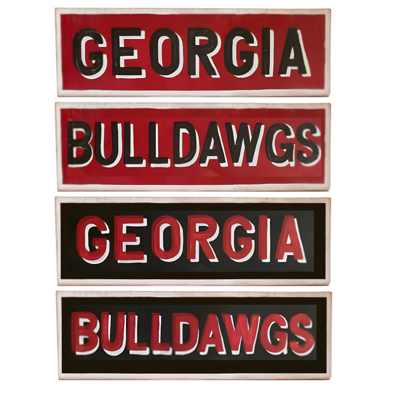 Four rectangular Georgia Bulldogs enamel-style patches or decals arranged vertically on a plain white background. Two have a red background with black lettering and white outline, and two have a black background with red lettering and white outline.