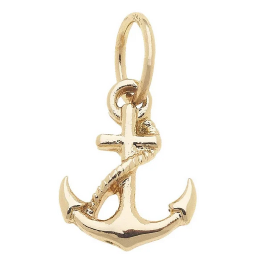 A polished gold anchor charm with a twisted rope detail and a top loop, shown on a plain white background.