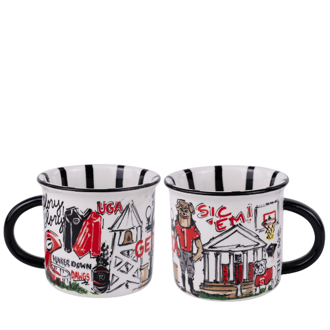 Two ceramic mugs with black handles, featuring black and white striped rims and whimsical red, black, and white illustrated scenes on the mugs, shown against a plain white background.