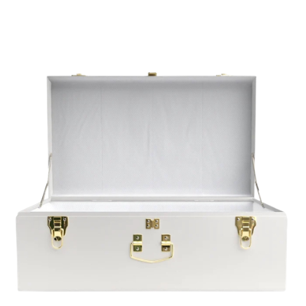 A white hard-shell storage case with an open lid, featuring gold-tone metal latches and a small gold logo emblem on the front, set against a plain white background.