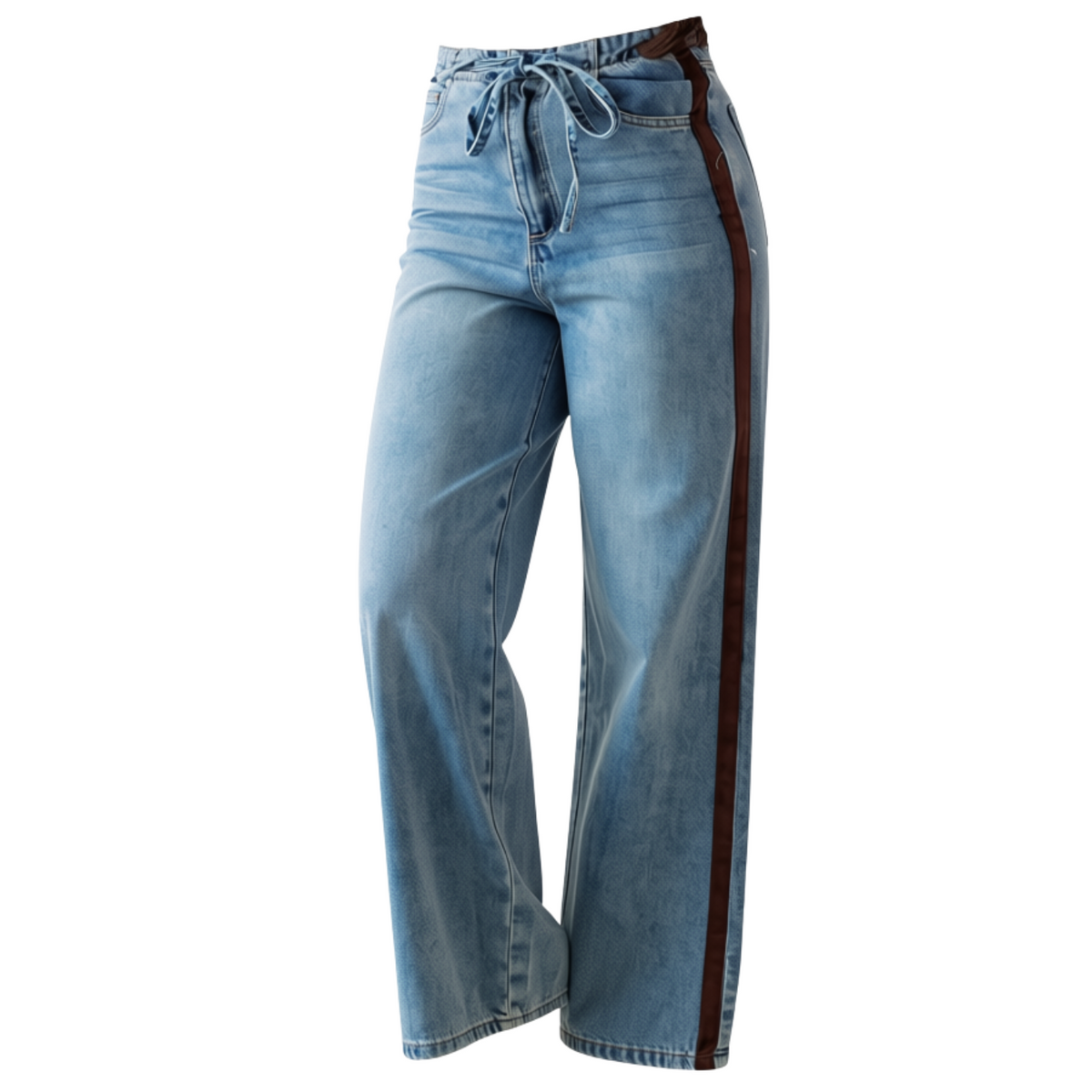 Light blue wide-leg denim jeans with a drawstring waist and a dark brown stripe running down the outer side of each leg, shown against a plain white background.