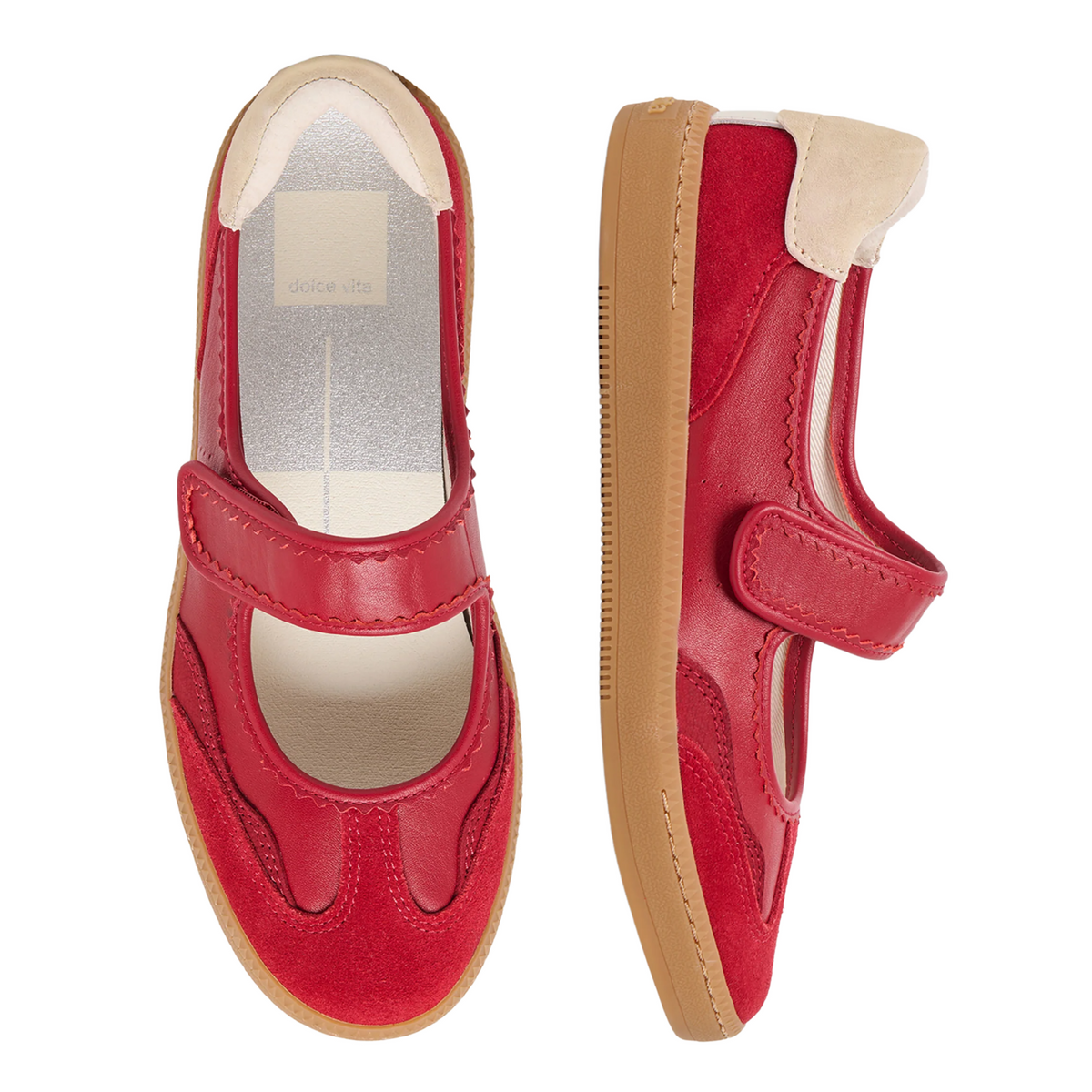 A pair of red leather Mary Jane sneakers with hook-and-loop straps and tan soles, shown from top and side views on a white background.