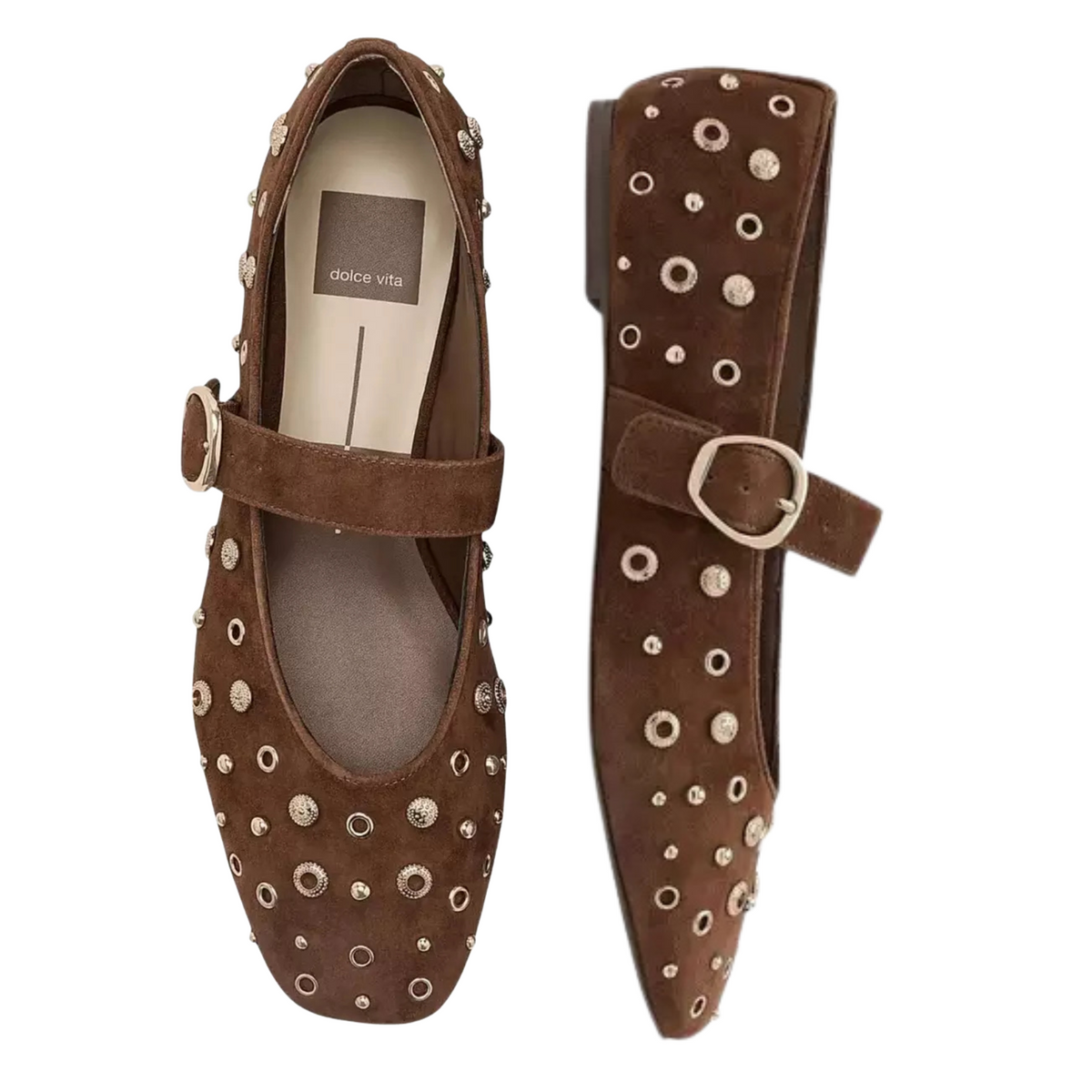 A pair of brown suede Mary Jane flats with silver-tone metal studs and circular cutout details, shown from top and side views on a white background. The insole displays the brand name 'Dolche Vita'.