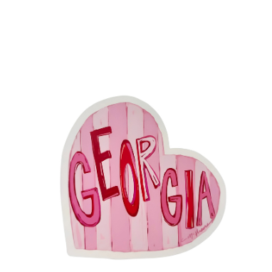 A heart-shaped sticker featuring the word 'GEORGIA' in red letters over a pink and white striped background, shown on a plain white background.