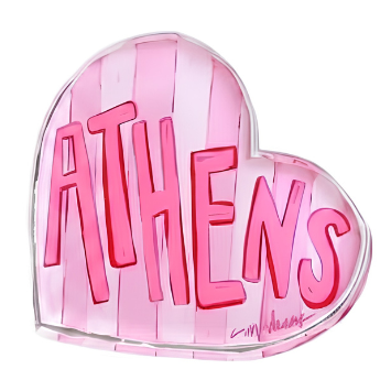 A heart-shaped clear acrylic plaque featuring the word 'ATHENS' in bold pink letters, with vertical pink stripes on the left side and a small artist signature in the lower right, shown on a plain white background.
