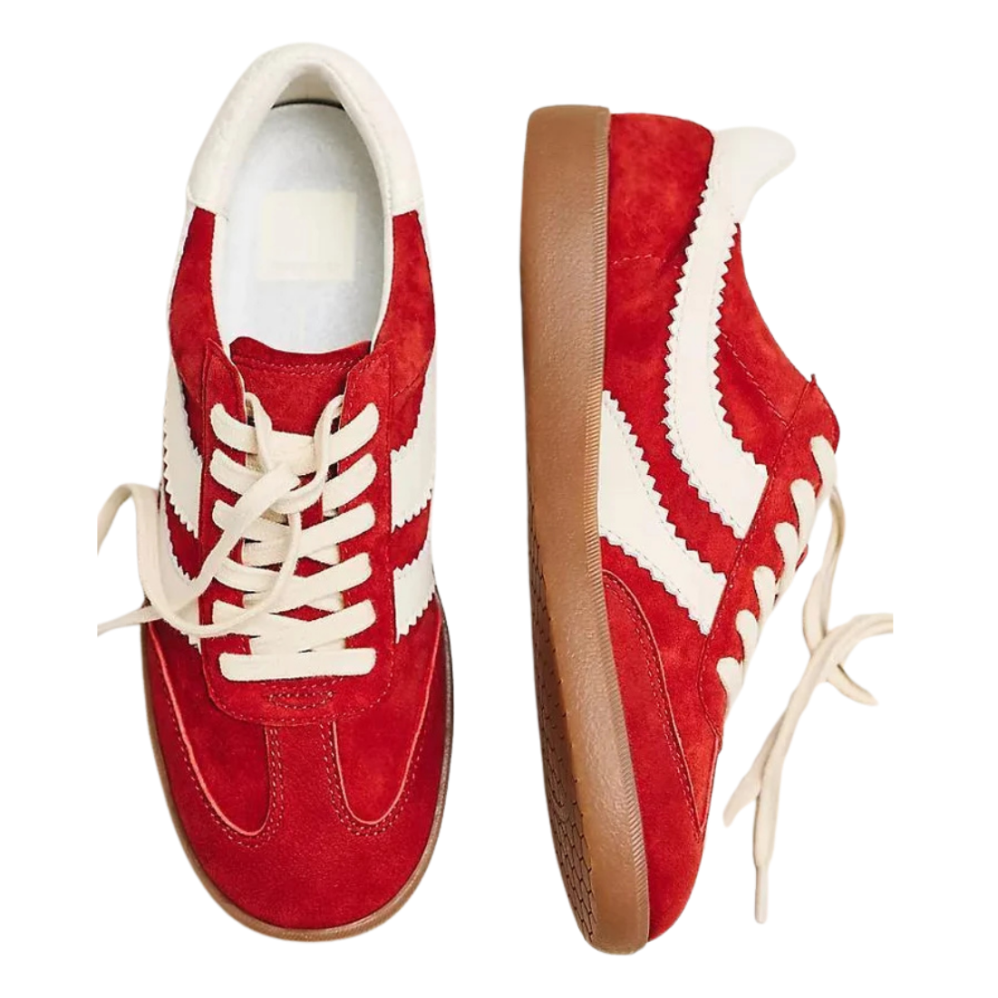 A pair of red suede sneakers shown from the top and side views against a plain white background.