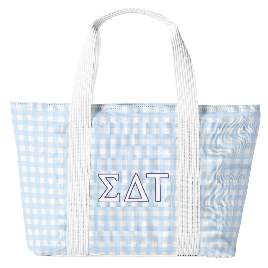 A light blue and white gingham tote bag with white handles and the Greek letters Sigma Delta Tau outlined in blue on the front, set against a plain white background.