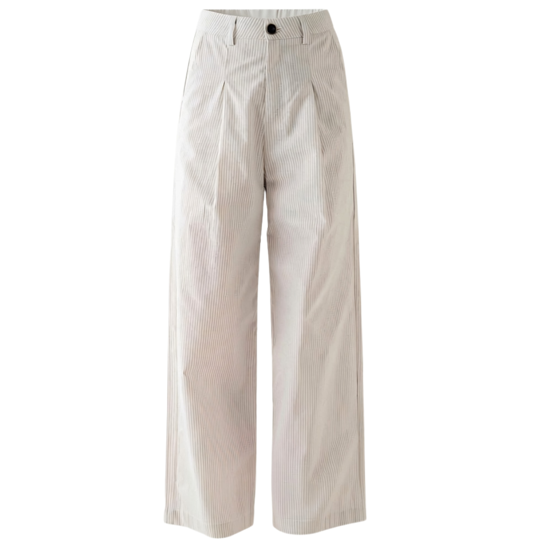 A pair of light beige wide-leg cropped pants with front pleats, shown against a plain white background.