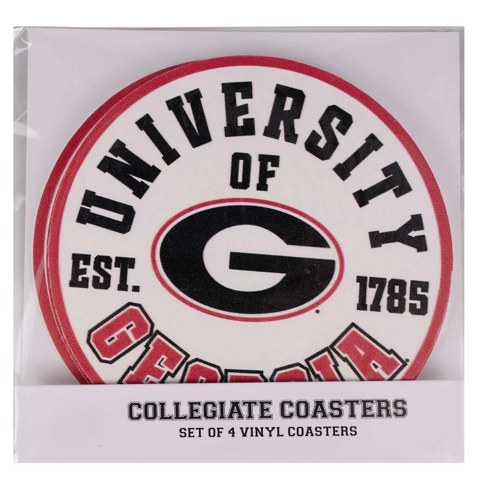 A packaged set of University of Georgia collegiate coasters, featuring a circular design with the Georgia 'G' logo and the words 'UNIVERSITY OF GEORGIA' in black on a white background with red accents.
