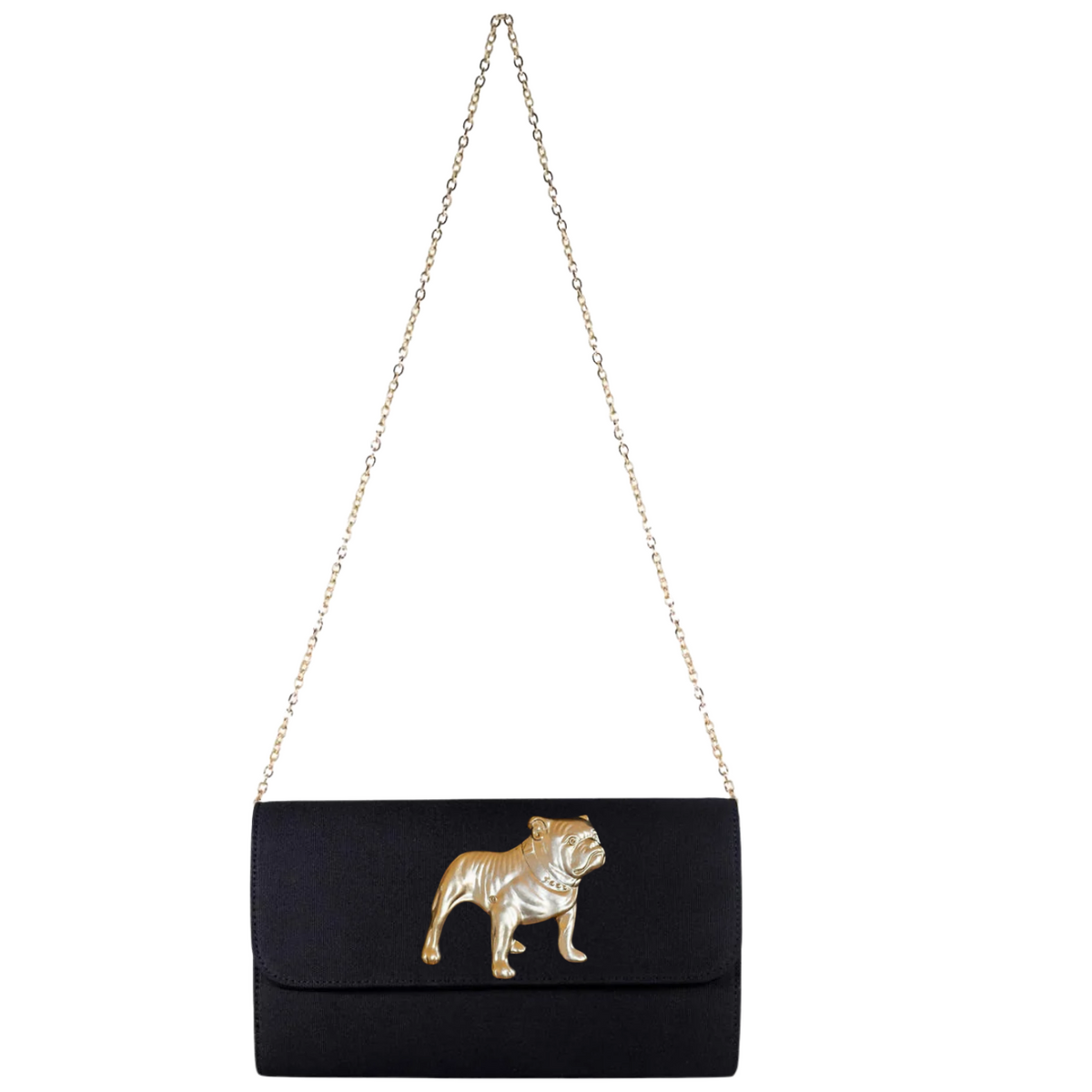 A black envelope-style shoulder bag with a gold-tone chain strap and a gold bulldog emblem on the front flap, shown against a plain white background.