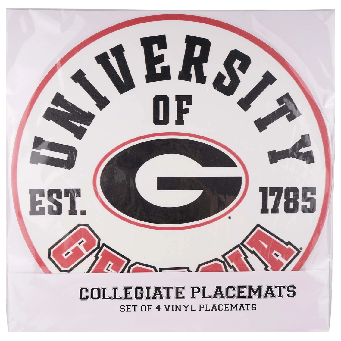 A packaged set of four University of Georgia collegiate placemats, featuring the Georgia 'G' logo and team colors on a white background.