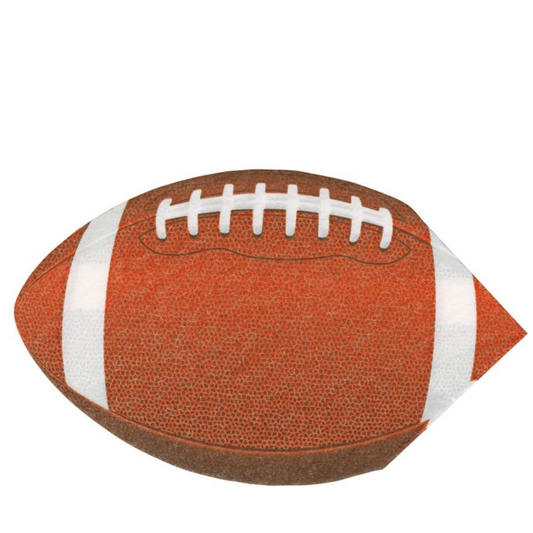 A classic American football with a textured brown leather-like surface, white laces, and white stripes on a plain white background.
