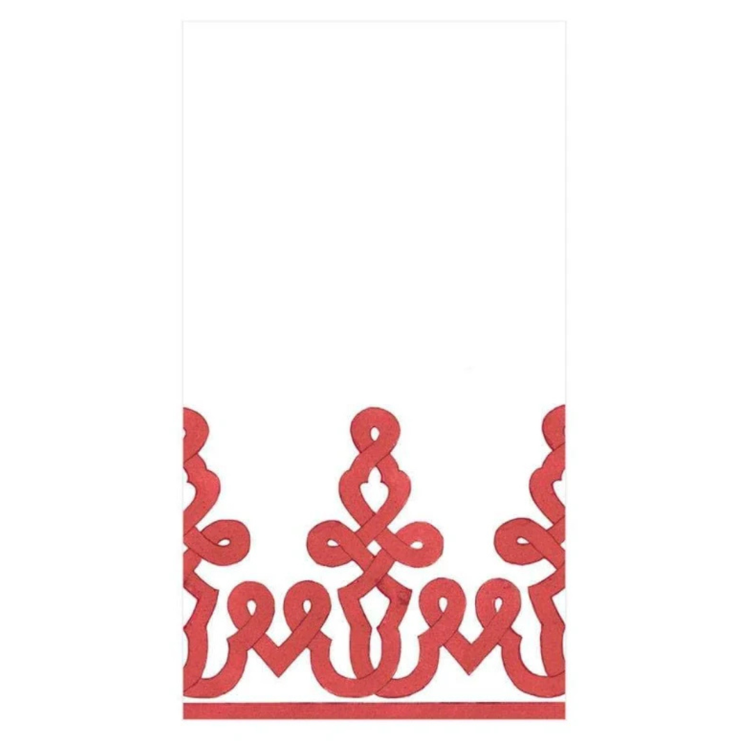 A white rectangular product, likely a napkin or decorative paper strip, featuring a red geometric border pattern along the bottom edge, set against a solid white background.