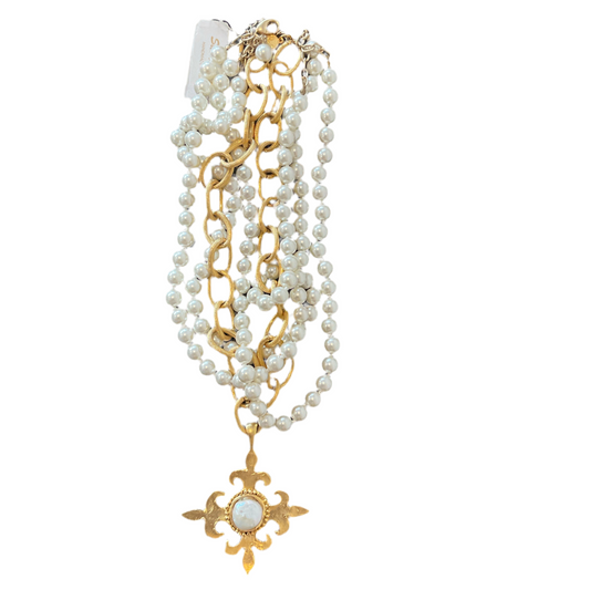 Gold Fleur/Cross 3 Strand Real Pearl Necklace
