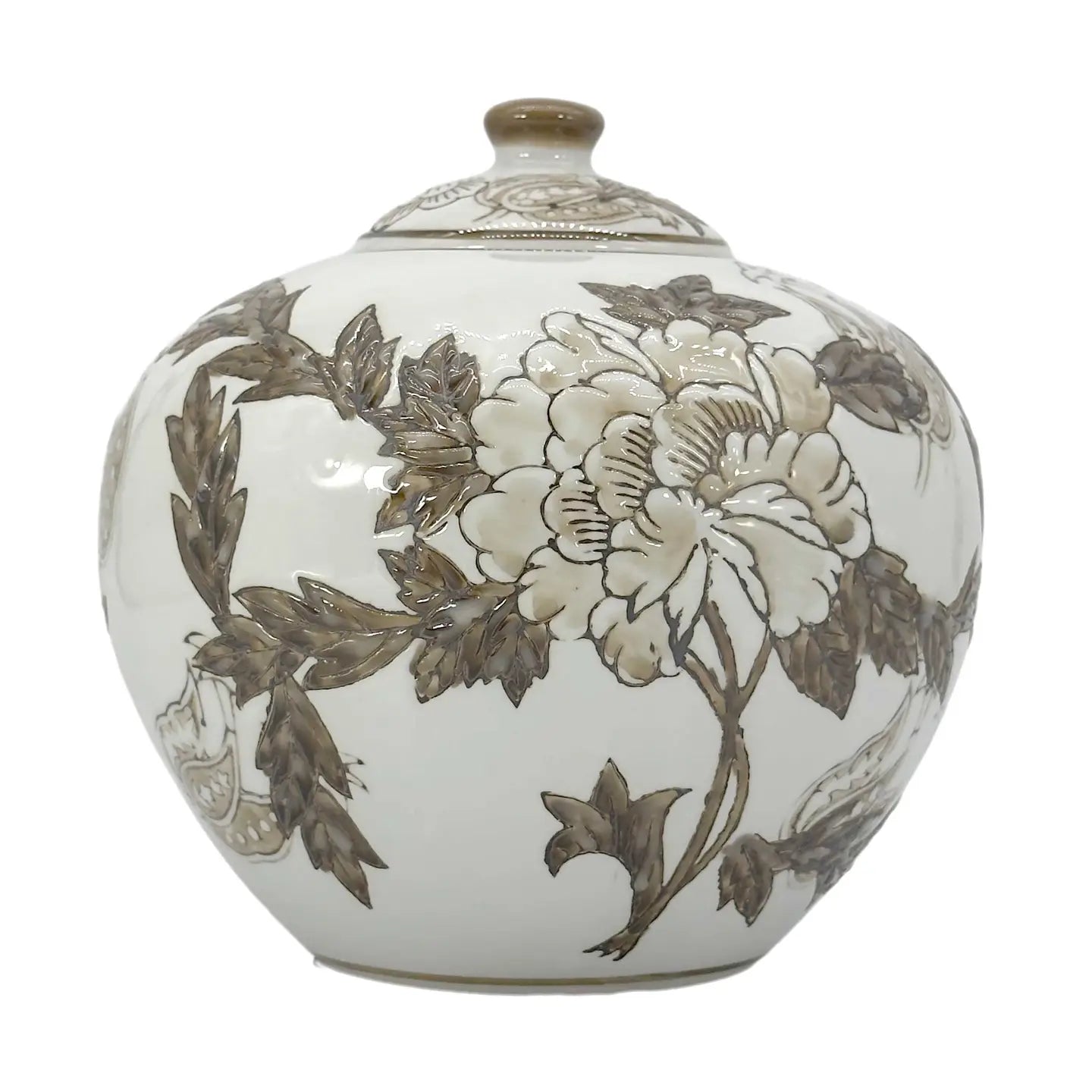 Brown & White Floral Ceramic Chinoiserie Jar 8"