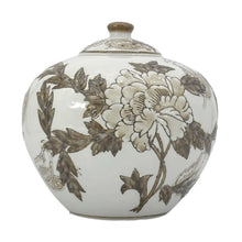 Load image into Gallery viewer, Brown &amp; White Floral Ceramic Chinoiserie Jar 8"
