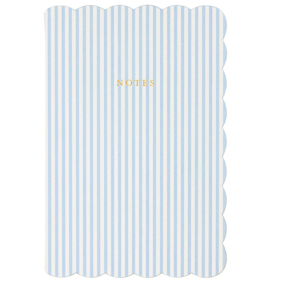 A product listing screenshot showing a journal cover with a light blue and white striped pattern and scalloped edges. The screenshot includes a mobile browser interface with navigation tabs, a product title 'Laura Ashley Heirloom Cottage Journal Scalloped Striped 6x8', and an 'Add to cart' button.