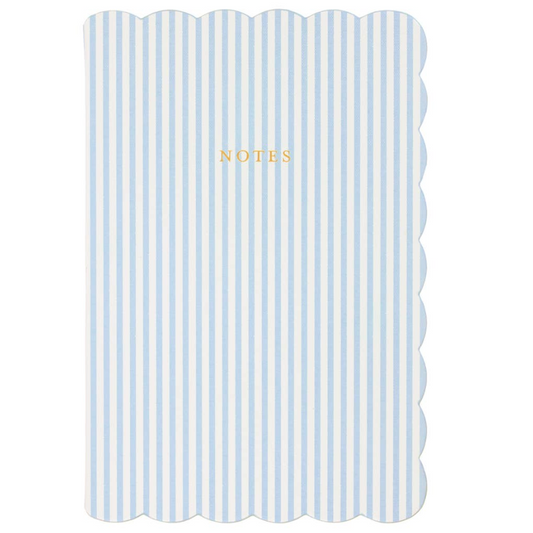 A product listing screenshot showing a journal cover with a light blue and white striped pattern and scalloped edges. The screenshot includes a mobile browser interface with navigation tabs, a product title 'Laura Ashley Heirloom Cottage Journal Scalloped Striped 6x8', and an 'Add to cart' button.