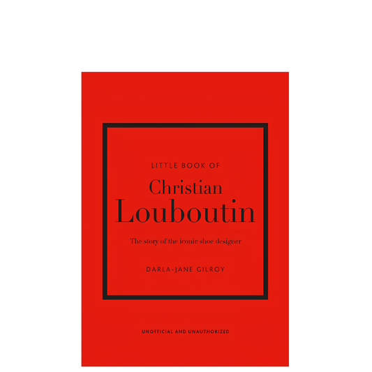 A book cover with a solid red background and black text reading 'Little Book of Christian Louboutin' and 'The story of the iconic shoe designer,' centered on a white background.