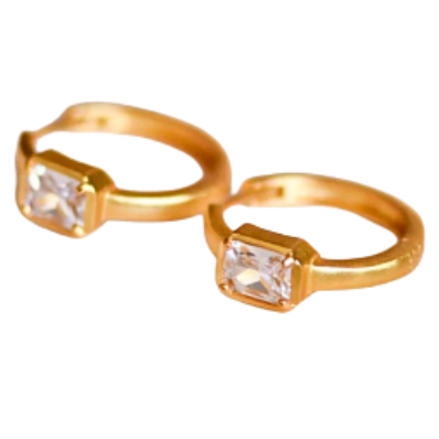 Gold hoop earrings with square CZ gemstones, displayed on a plain white background.