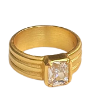 A gold band ring featuring a rectangular CZ gemstone in a prong setting, shown against a plain white background.