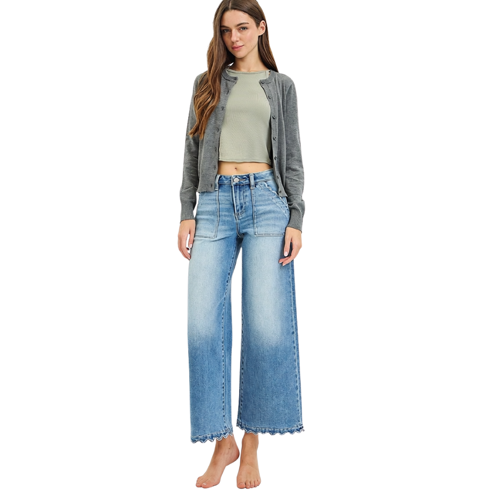 Risen High Rise, Crop, Scalloped, Wide Leg Jeans